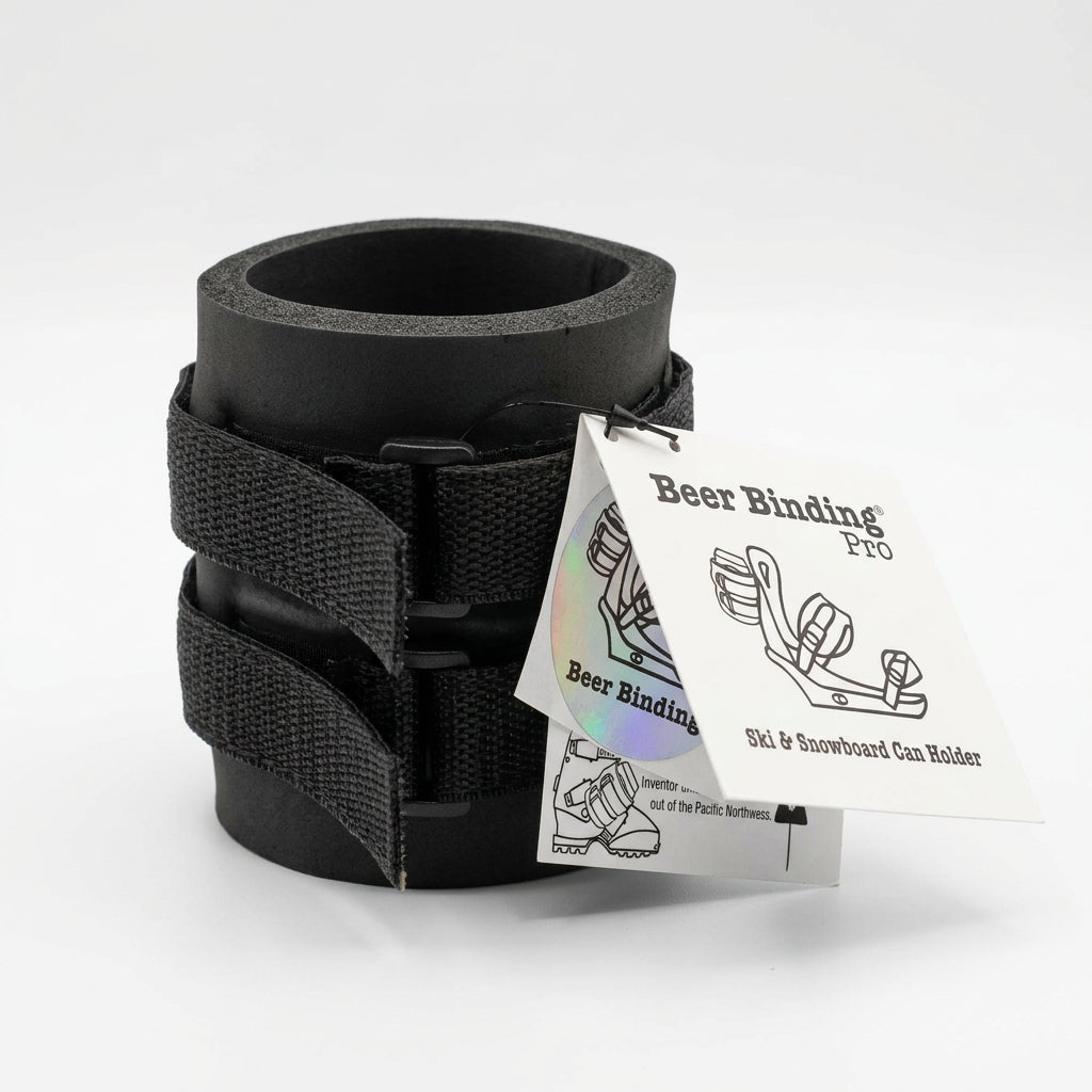 Black Beer Binding PRO can holder in a studio product shot with its branded hang tag.