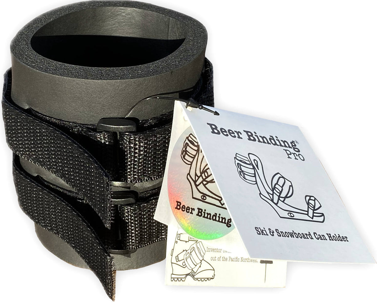 Black Beer Binding PRO can holder in a studio product shot with its branded hang tag.