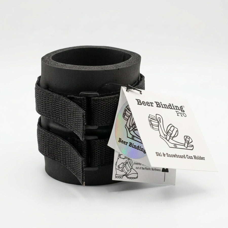 Black Beer Binding PRO can holder in a studio product shot with its branded hang tag.