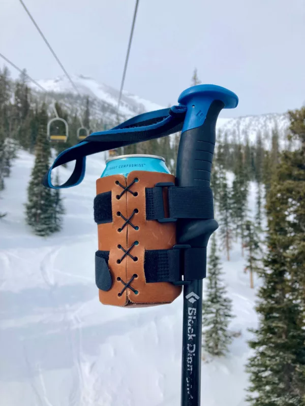 Leather ski pole beer holder